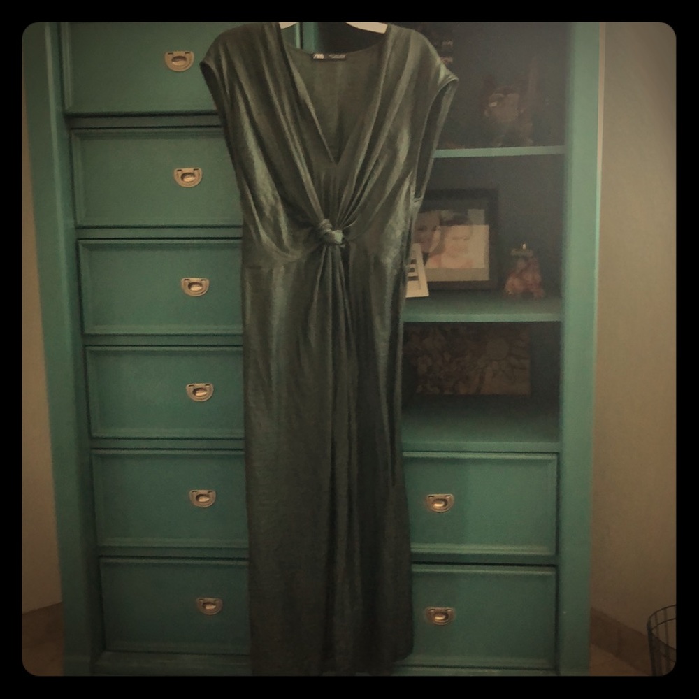 ZARA LINEN OLIVE GREEN MIDI-DRESS